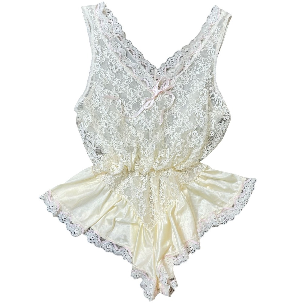 Tosca Lingerie Vintage Teddy Romper Women L Cream Lace Satin 8745 Sheer Romantic